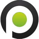 Schwarz grünes Logo der Webmasterei Prange. Schwarzer Kreis mit sterilisiertem P drin. Mittig ein grüner Kreis.