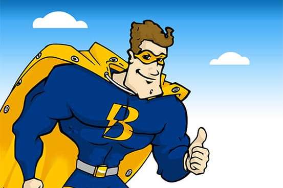 Comic-Superheld mit blauem Anzug, gelbem Umhang und Blitz-Symbol auf der Brust