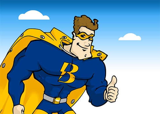 Comic-Superheld mit blauem Anzug, gelbem Umhang und Blitz-Symbol auf der Brust