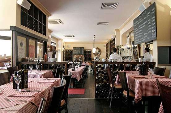 Innenraum eines Restaurants mit klassischen rot-weiß karierten Tischdecken