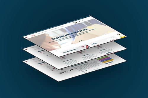 Ein 3D-Rendering von drei schwebenden, schrägen Ebenen, die verschiedene Seiten einer Website darstellen.