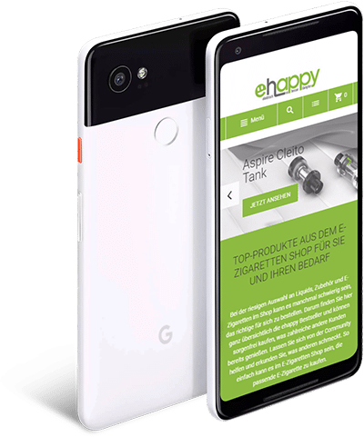 wei&szlig;es Googlephone das an R&uuml;ckseite eines zweiten wei&szlig;en Googlephones lehnt und die Website von ehappy zeigt.