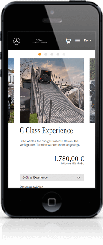 Smartphone-Ansicht des Buchungsbereichs f&uuml;r die &bdquo;G-Class Experience&ldquo;. Ein Vorschaubild zeigt eine G-Klasse auf einer extrem steilen Metallrampe. Darunter stehen Informationen zur Terminauswahl, der Preis von 1.780,00 &euro; und ein Dropdown-Men&uuml; zur Konfiguration.