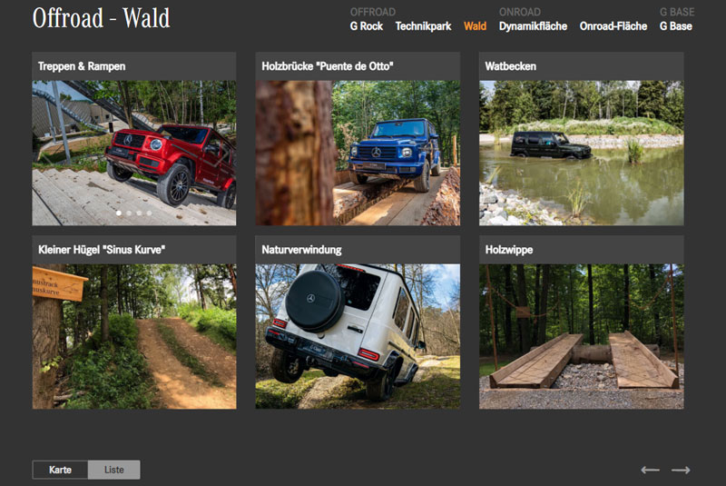 Webseiten-Screenshot „Offroad – Wald“ mit einer Galerie aus sechs Bildern, die Mercedes G-Klassen auf verschiedenen Teststrecken zeigen. Zu sehen sind Hindernisse wie Treppen, eine Holzbrücke, ein Watbecken und eine Holzwippe. Jede Kachel ist mit einem entsprechenden Titel zur jeweiligen Offroad-Herausforderung beschriftet.