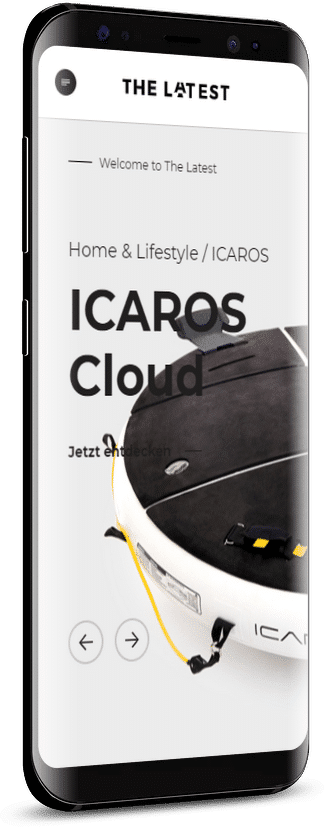Ein schr&auml;g gestelltes Smartphone zeigt die mobile Website von &bdquo;The Latest&ldquo;. Abgebildet ist die Produktseite der &bdquo;ICAROS Cloud&ldquo; mit einem Foto des runden Fitnessger&auml;ts und dem Link &bdquo;Jetzt entdecken&ldquo;.