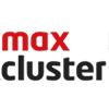 Rot schwarzes Max cluster Logo. Zweizeilig oben rot Max, schwarz darunter der Schriftzug cluster.