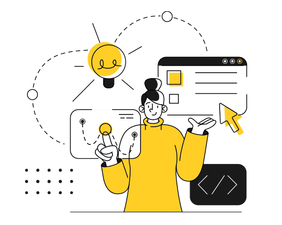 Eine Illustration einer Person, die mit Benutzeroberfl&auml;chenelementen interagiert. Eine leuchtende Gl&uuml;hbirne und Code-Klammern symbolisieren Ideen und Entwicklung.
