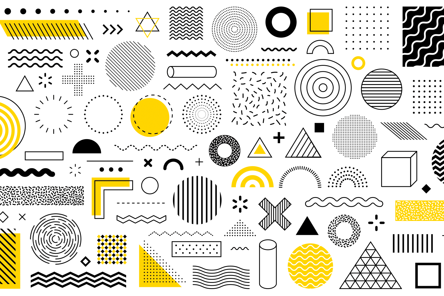 Abstraktes, modernes Hintergrundmuster aus gelben und grauen geometrischen Formen auf schwarzem Grund. Das Design zeigt verschiedene gestreifte, gepunktete und solide Elemente wie Kreise, Dreiecke, Quadrate, Linien und wellenförmige Muster in einem dynamischen, verstreuten Layout.