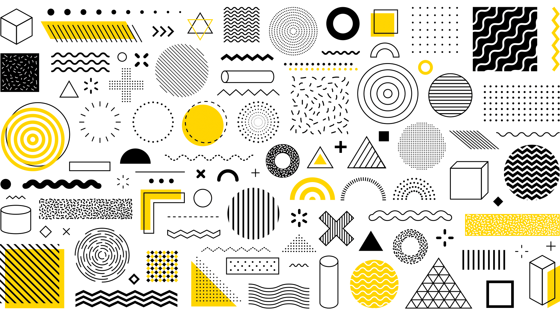 Abstraktes, modernes Hintergrundmuster aus gelben und grauen geometrischen Formen auf schwarzem Grund. Das Design zeigt verschiedene gestreifte, gepunktete und solide Elemente wie Kreise, Dreiecke, Quadrate, Linien und wellenförmige Muster in einem dynamischen, verstreuten Layout.