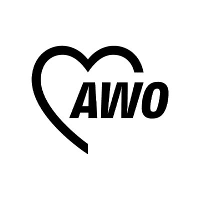 Schwarzes AWO Logo, ein Herz mit Schriftzug AWO.