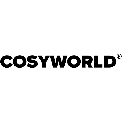 Schwarzes Cosyworld Logo. Cosyworld Schriftzug in Großbuchstaben mit Copyrightsymbol oben rechts-