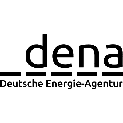 Schwarzes DENA Logo. Oben in kleinen Buchstaben dena, darunter eine gestichelte Linie und ganz unten der Schriftzug in Druckbuchstaben Deutsche Energie-Agentur.