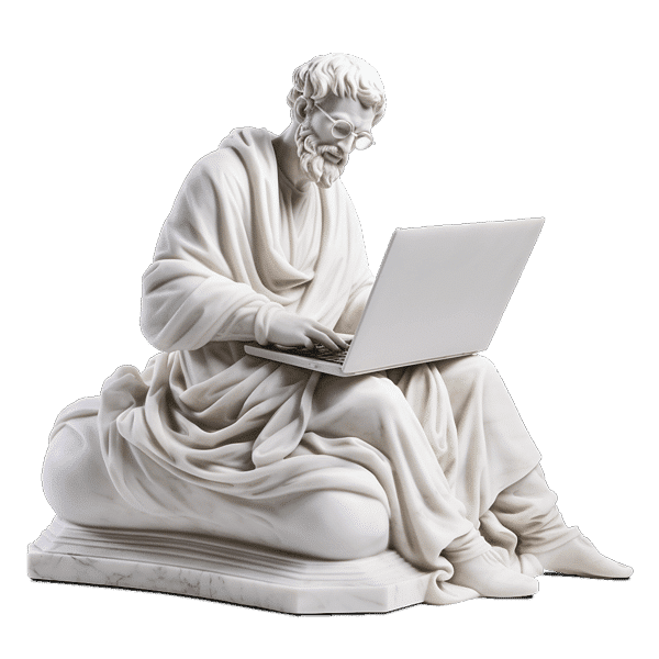 Marmorstatue eines b&auml;rtigen Philosophen mit Brille, der auf einem Sockel sitzt und auf einem Laptop tippt.