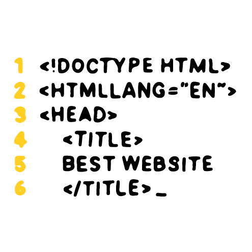 HTML-Code-Zeilen 1 bis 6 in gelber Schrift auf schwarzem Hintergrund, mit dem Titel "BEST WEBSITE"