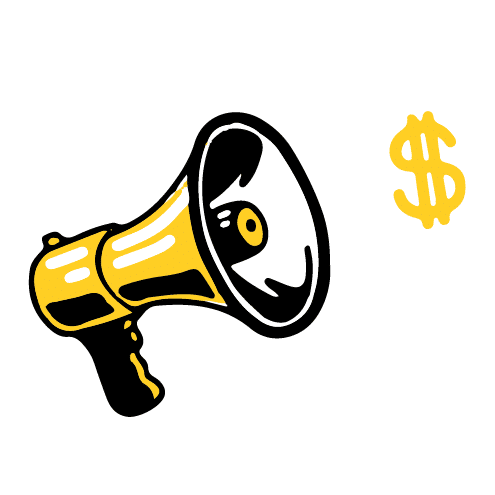 Gelbes Megafon strahlt ein goldenes Dollarzeichen auf schwarzem Hintergrund aus. Symbolisiert Marketing-Erfolg und Content-Monetarisierung.