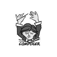 Composer Logo: Eine schwarz-graue Cartoon-Illustration eines Dirigenten mit hoch erhobenen Händen und Taktstock, darunter der Schriftzug "COMPOSER".