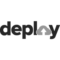 Deploy Logo: Der schwarze Schriftzug "deploy" mit einem stilisierten grauen Cloud-Symbol, das einen nach oben gerichteten Pfeil enthält, anstelle des Buchstabens "y"