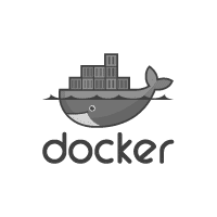 Docker Logo: Ein graues stilisiertes Bild eines Wals, der ein Schiff mit Containern auf dem Rücken trägt. Darunter steht der Schriftzug "docker".
