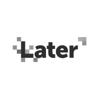 Later Logo: schwarzer Schriftzug "Later" mit einem pixeligen Muster, das sich von links nach rechts auflöst und oben rechts in einem Pfeil endet.