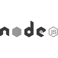 Node.js Logo: Grauer Schriftzug "node" mit einem stilisierten grauen "js" in einem Sechseck.