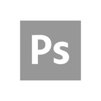 Adobe Photoshop Logo: weiße Buchstaben "Ps" in einem grauen Quadrat.