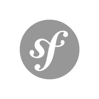 Symfony Logo: Ein weißer, geschwungener Schriftzug "sf" in einem grauen Kreis.