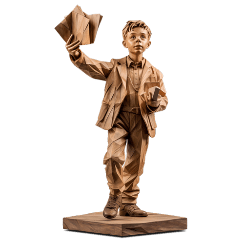 Holzskulptur eines Jungen, der in einer Hand Bl&auml;tter und in einer Hand B&uuml;cher h&auml;lt