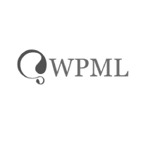 Graues wpml Logo mit stilisierten Globus aus einer geschwungenen Linie mir WPML Schriftzug in Druckbuchstaben daneben.