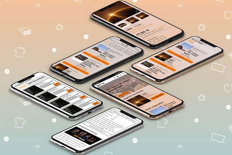 Sechs Smartphones die verschiedene Teilbereiche des Buschfunk Magentoshops zeigen auf pastellfarbenen Hintergrund mit wechselnden Icons