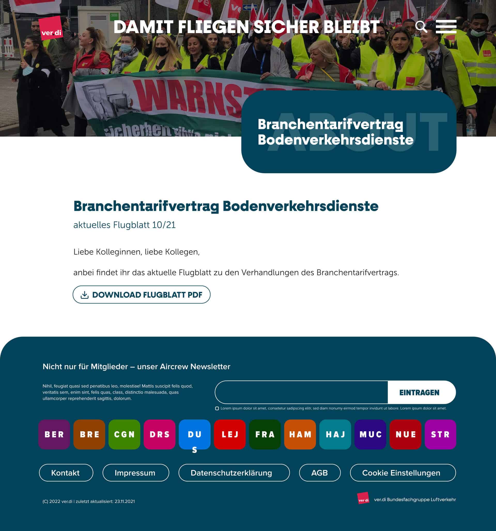Website von Verdi, damit Fliegen sicher bleibt.