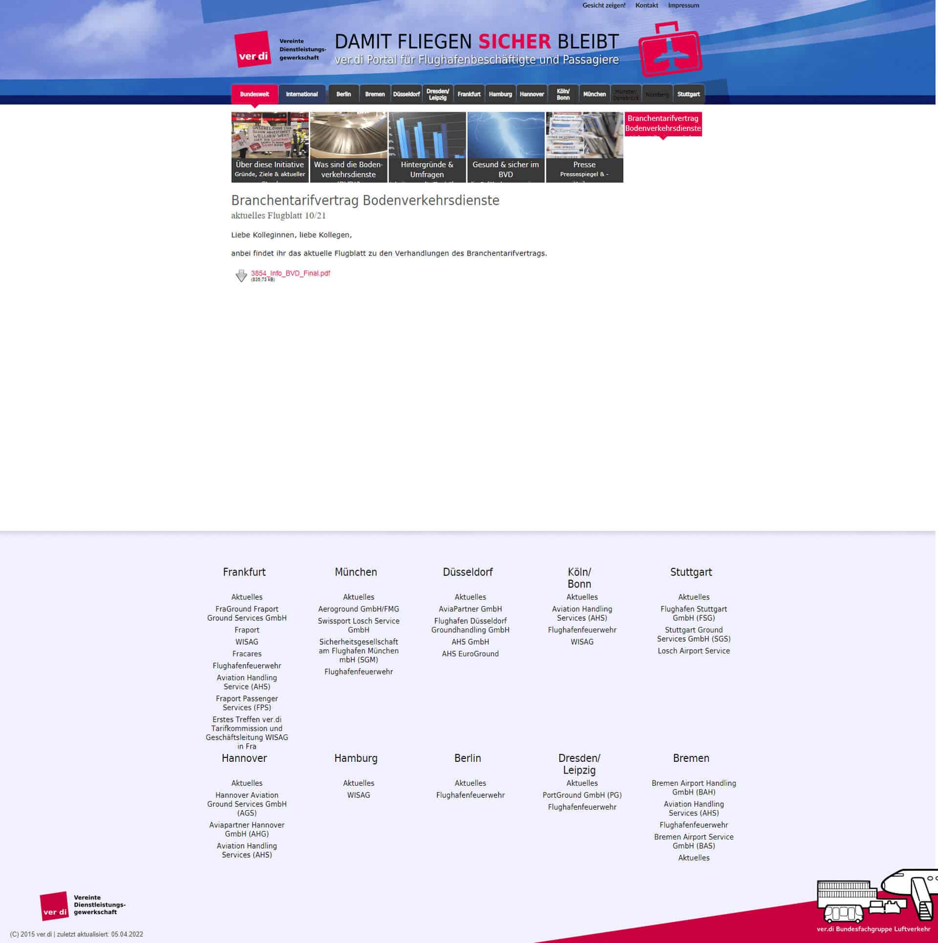 Verdi Website, damit Fliegen sicher bleibt. Alte Version.