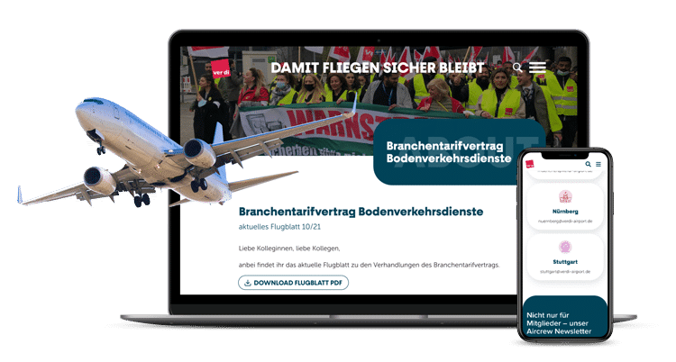 Laptop und Smartphone zeigen die ver.di-Webseite zum Tarifvertrag der Bodenverkehrsdienste. Neben einem startenden Flugzeug sind streikende Mitarbeiter in Warnwesten und ein Download-Button f&uuml;r ein aktuelles Flugblatt abgebildet.