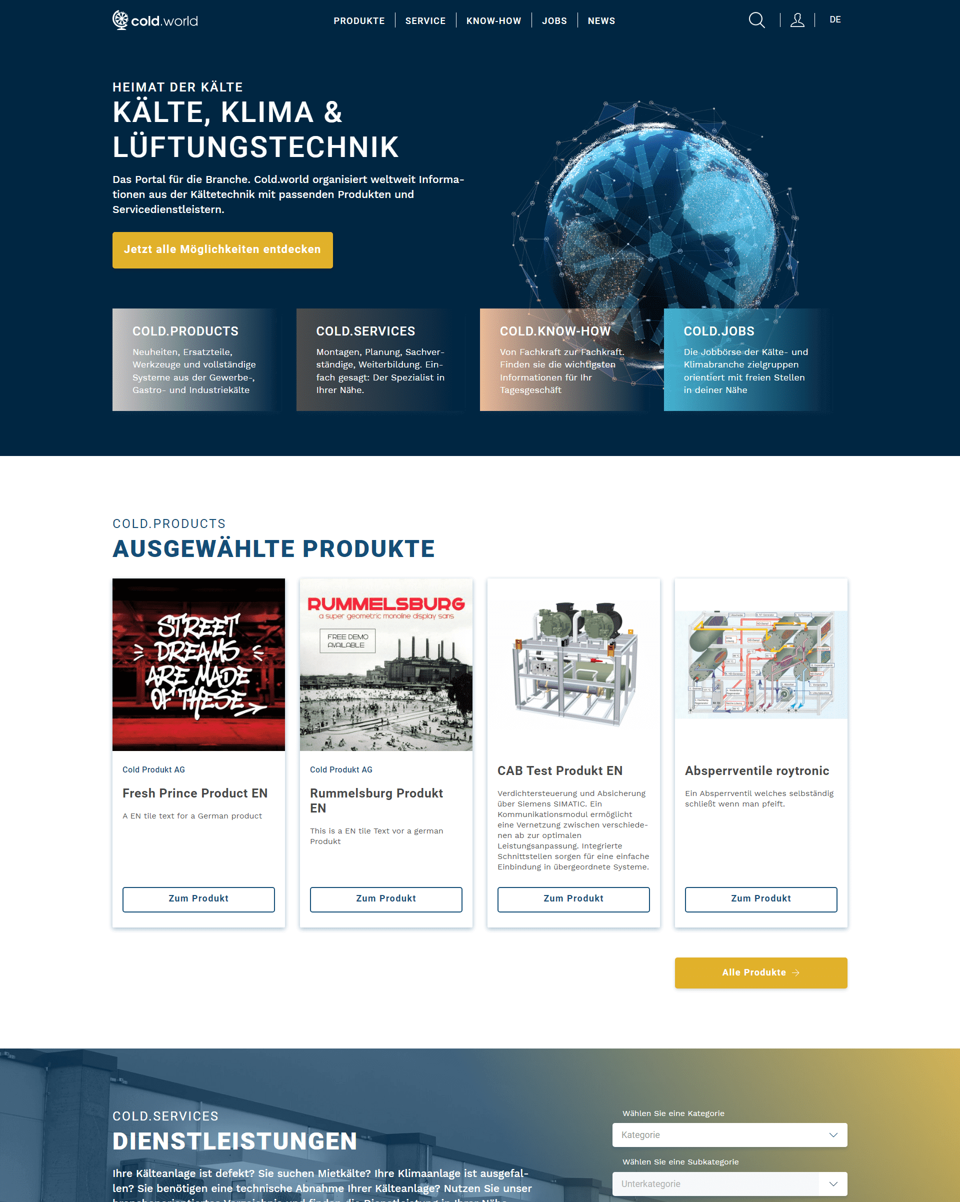 Screenshot der Website von „cold.world“, einem Portal für Kälte-, Klima- und Lüftungstechnik. Die Seite zeigt einen dunkelblauen Header mit einer Weltkugel-Grafik, verschiedene Service-Kacheln und eine Produktübersicht mit vier Vorschaubildern für technische Komponenten.