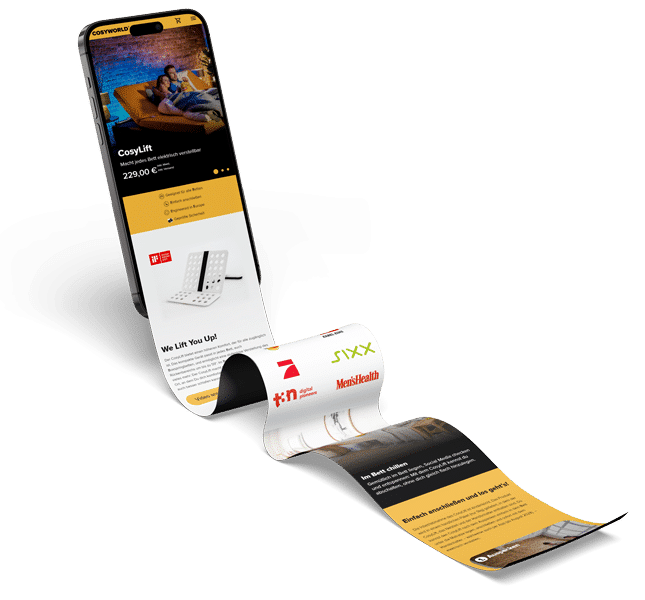 Ein Smartphone zeigt die &bdquo;CosyLift&ldquo; Produktseite, die als langes, geschwungenes Band aus dem Display verl&auml;uft und Logos sowie Testberichte pr&auml;sentiert.