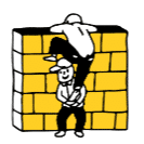 Cartoon-Illustration einer Person, die einer anderen Person hilft, eine hohe Mauer aus gelben Ziegelsteinen zu &uuml;berwinden.