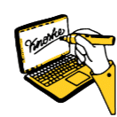 Cartoon-Illustration eines aufgeschlagenen Laptops mit wei&szlig;em Bildschirm, auf dem das Wort