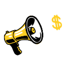 Gelb/schwarze Illustration von einem Megaphone, welches ein gelbes Dollarzeichen ausruft.