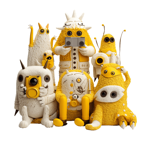 Eine Gruppe von 3D-Monsterfiguren mit Fell, H&ouml;rnern, F&uuml;hlern und seltsamen Gliedma&szlig;en, die in gelben und wei&szlig;en Farben gehalten sind und in der Mitte der Gruppe Kameras in den H&auml;nden halten.