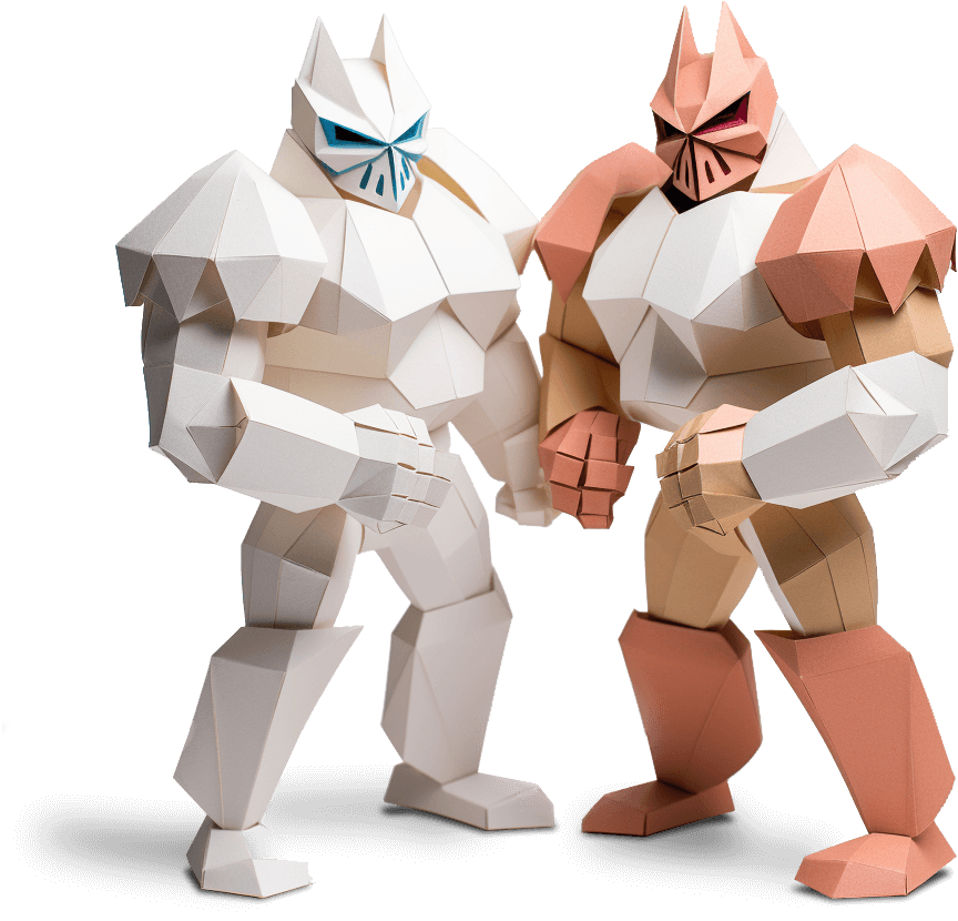 zwei Transformer-Origami-Figuren aus Papier in wei&szlig; und pfirsischfarben