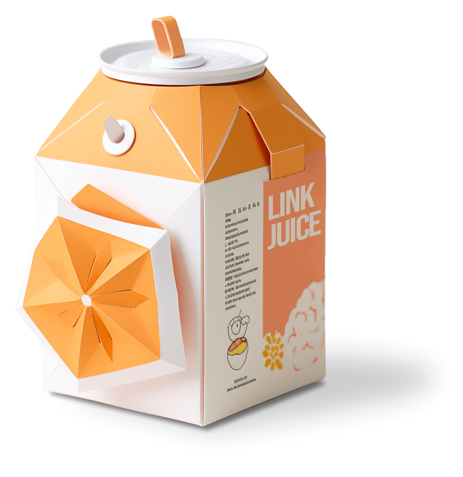 Aus hellem Papier hergestellter Tetrapack mit orangenen Elementen und der wei&szlig;en Aufschrift Link Juice.