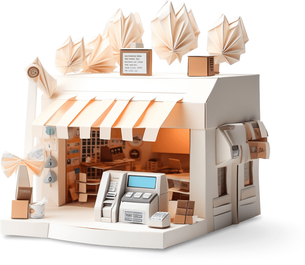 Ein detailliertes Papiermodell eines Ladengesch&auml;fts mit Bankautomat, das Online- und Offline-Zahlungsl&ouml;sungen symbolisiert.