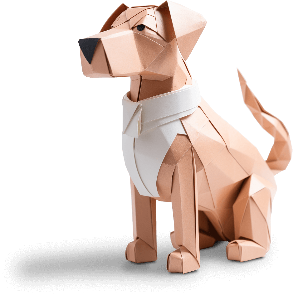 Aus Papier gefertigter hellbrauner Hund mit wei&szlig;er Brust und strengem Blick.