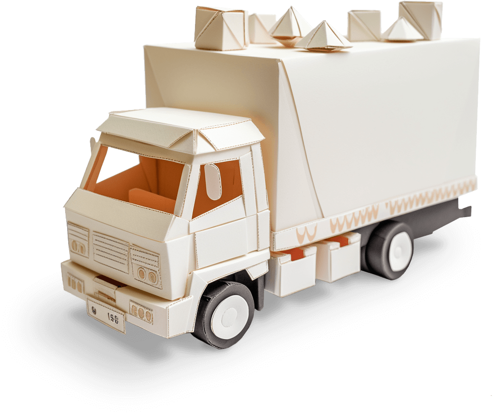 Ein detailliertes Modell eines Lieferwagens aus hellem Karton, der Versand und Logistik symbolisiert.