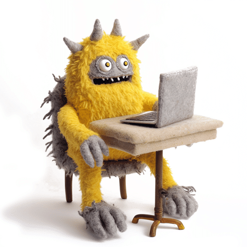 Ein freigestelltes Stop-Motion-Puppenmonster mit gelbem Fell und grauen Gliedma&szlig;en. Das Monster sitzt an einem Schreibtisch und starrt mit gro&szlig;en Augen auf einen Laptop.