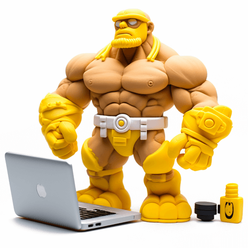 Actionfigur mit gelben Stiefeln und Handschuhen steht hinter einem silbernen Laptop.