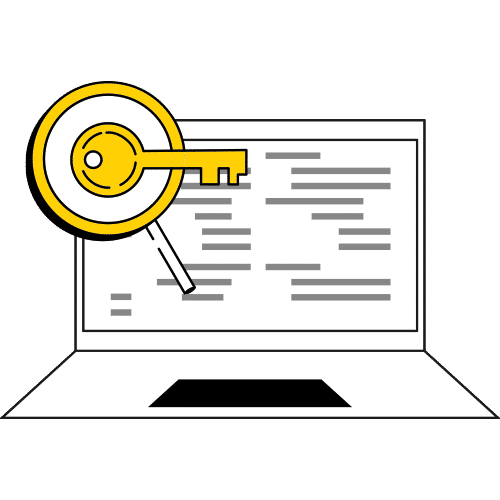 Grafisch wei&szlig; dargestellter Laptop mit einem gelben Schl&uuml;sselsymbol.