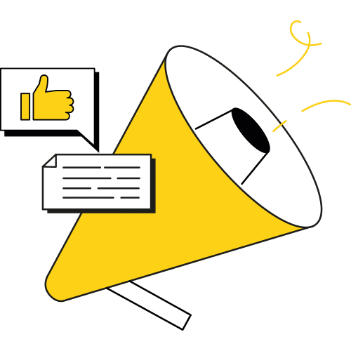 grafisch dargestelltes gelbes Megaphone. Im Vordergrund eine Sprechblase mit einem gelben Daumen hoch und ein Textdokument.