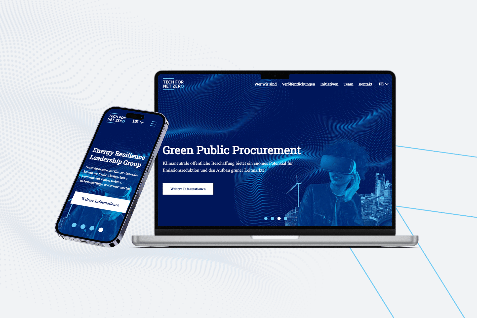 silberner Laptop und silbernes Handy mit jeweils abgebildeter Homepage von tech for net zero