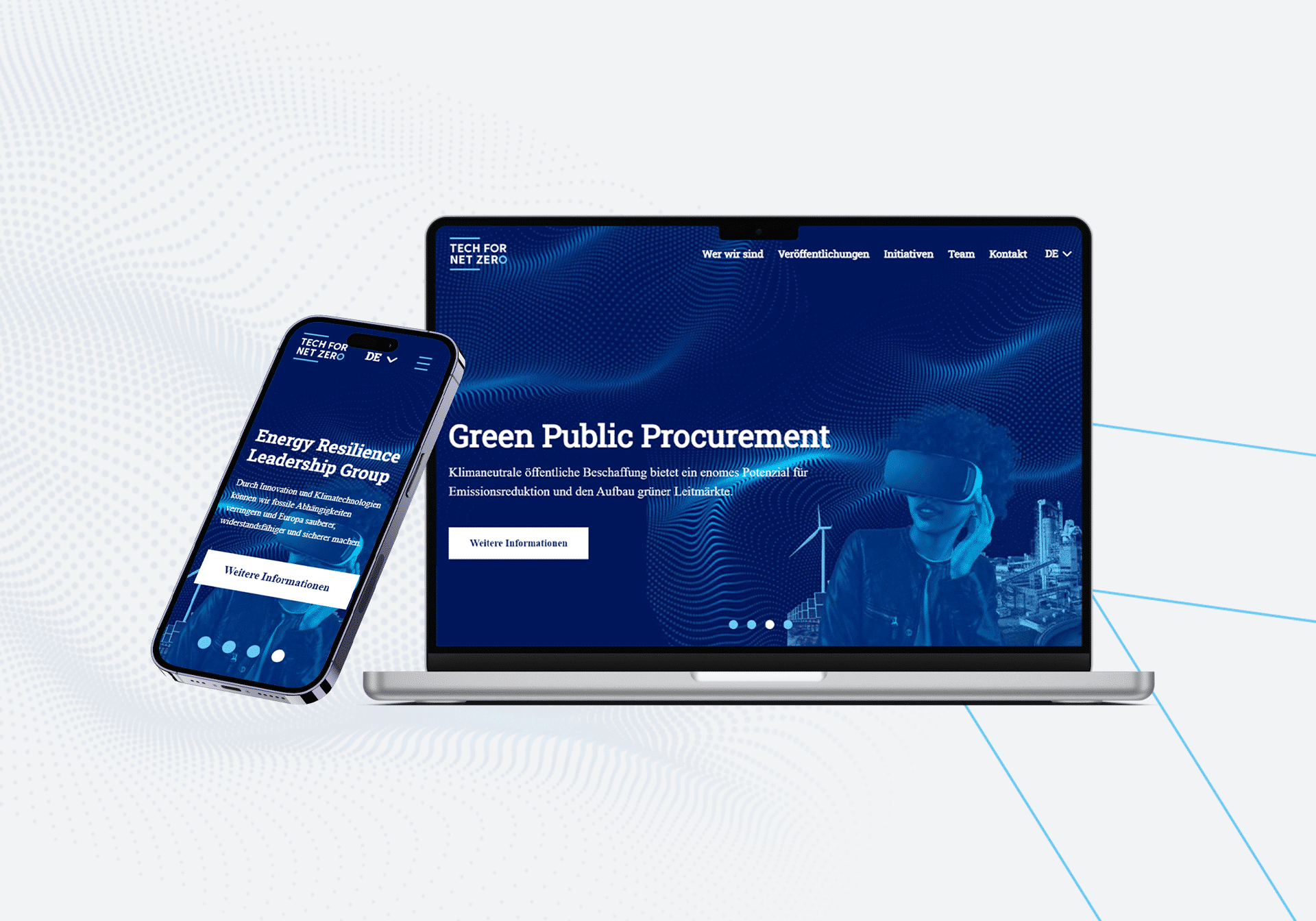 silberner Laptop und silbernes Handy mit jeweils abgebildeter Homepage von tech for net zero