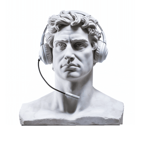 Eine wei&szlig;e Marmorb&uuml;ste eines antiken Mannes mit gelocktem Haar, der ein modernes Headset tr&auml;gt. Das Bild ist vor einem wei&szlig;en Hintergrund dargestellt.